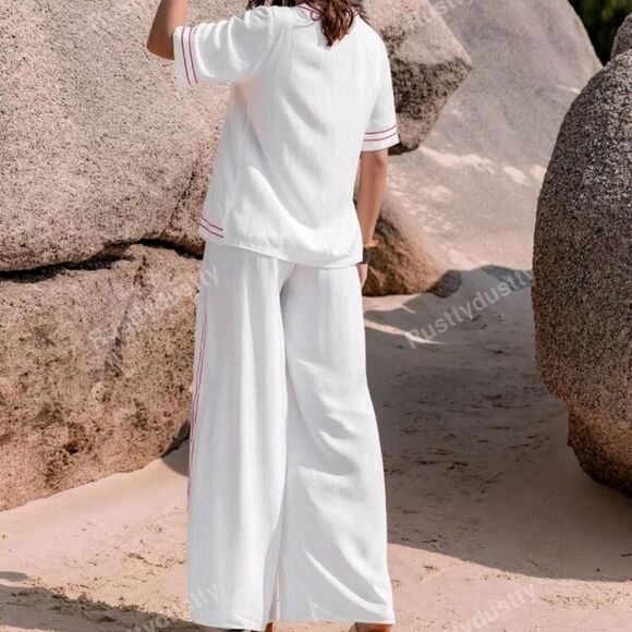 White and Red Striped Women's 2 Piece Set L - Picture 2 of 6